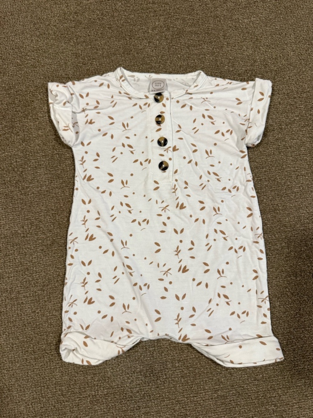 Lou Lou & Company Cream and Brown Leaf Print Short Sleeve Romper 6-12mo